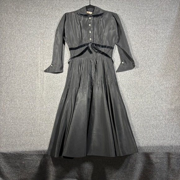 Americana Fashion Dresses & Skirts - Americana Fashion Vintage Black Taffeta Velvet Trim Midi Dress Womens Small